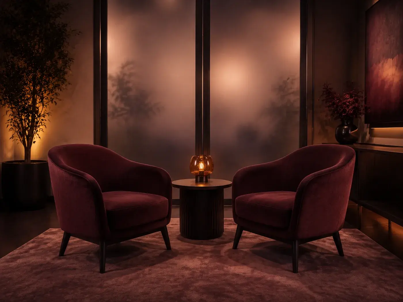 Two plum chairs arranged for a private conversation in a softly lit office.