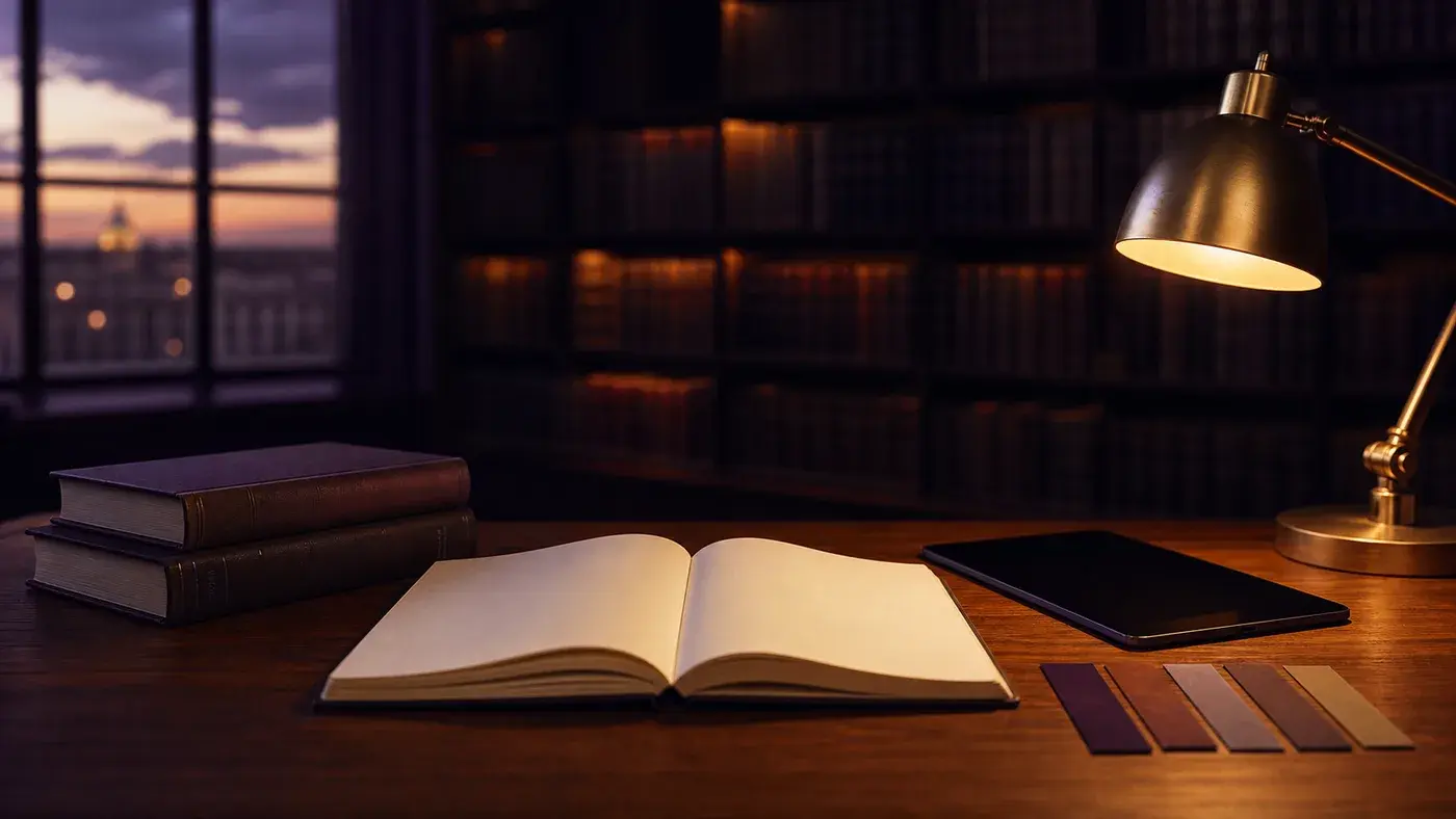 An open notebook, tablet, and color swatches arranged under a brass library lamp.