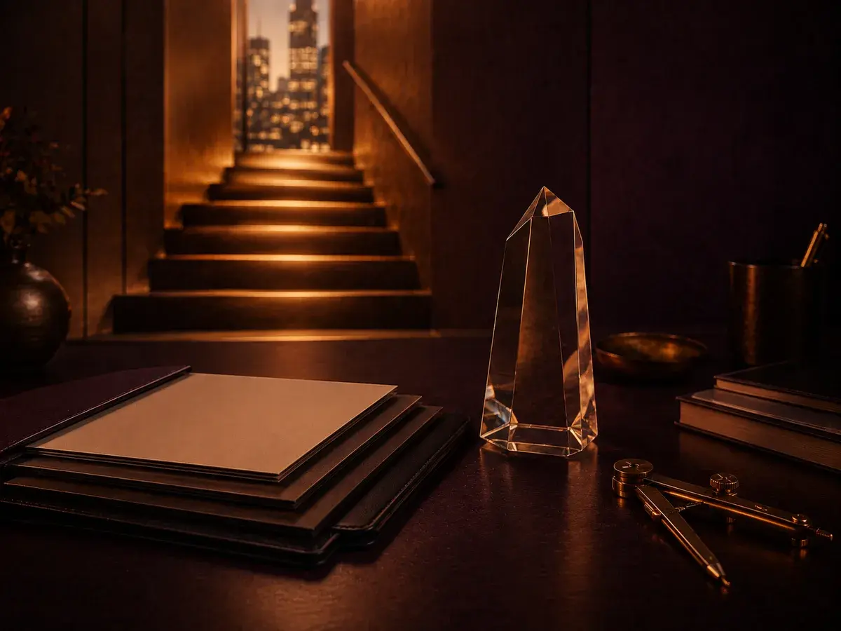 A lit stairway rising beside prepared documents.