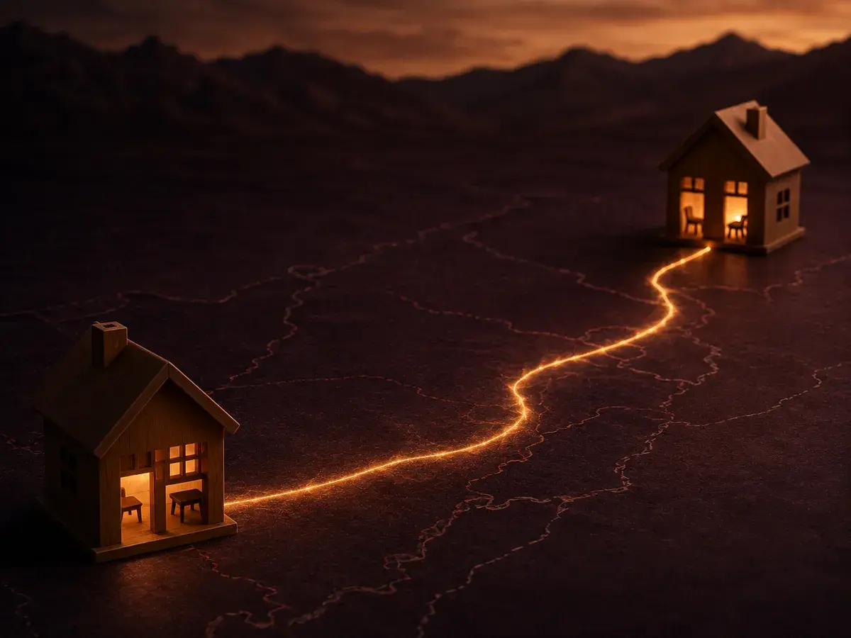 Two illuminated homes connected by a glowing path across a dark map.
