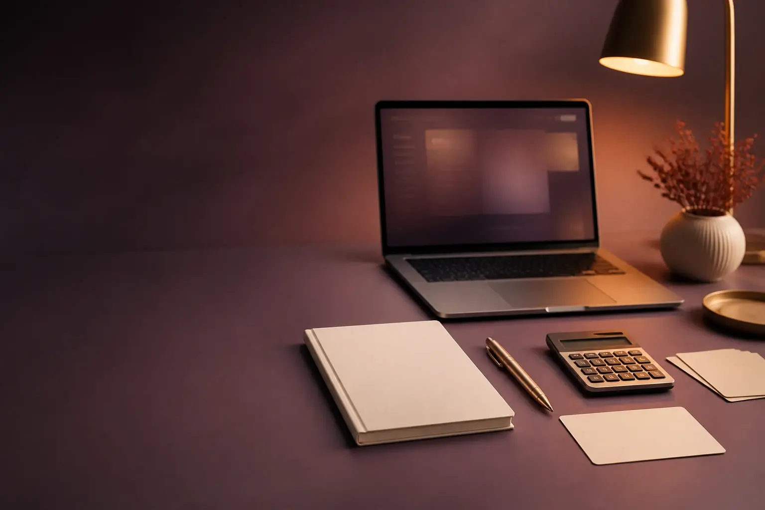 Un escritorio con una computadora portátil, un cuaderno y una calculadora bajo una luz cálida.