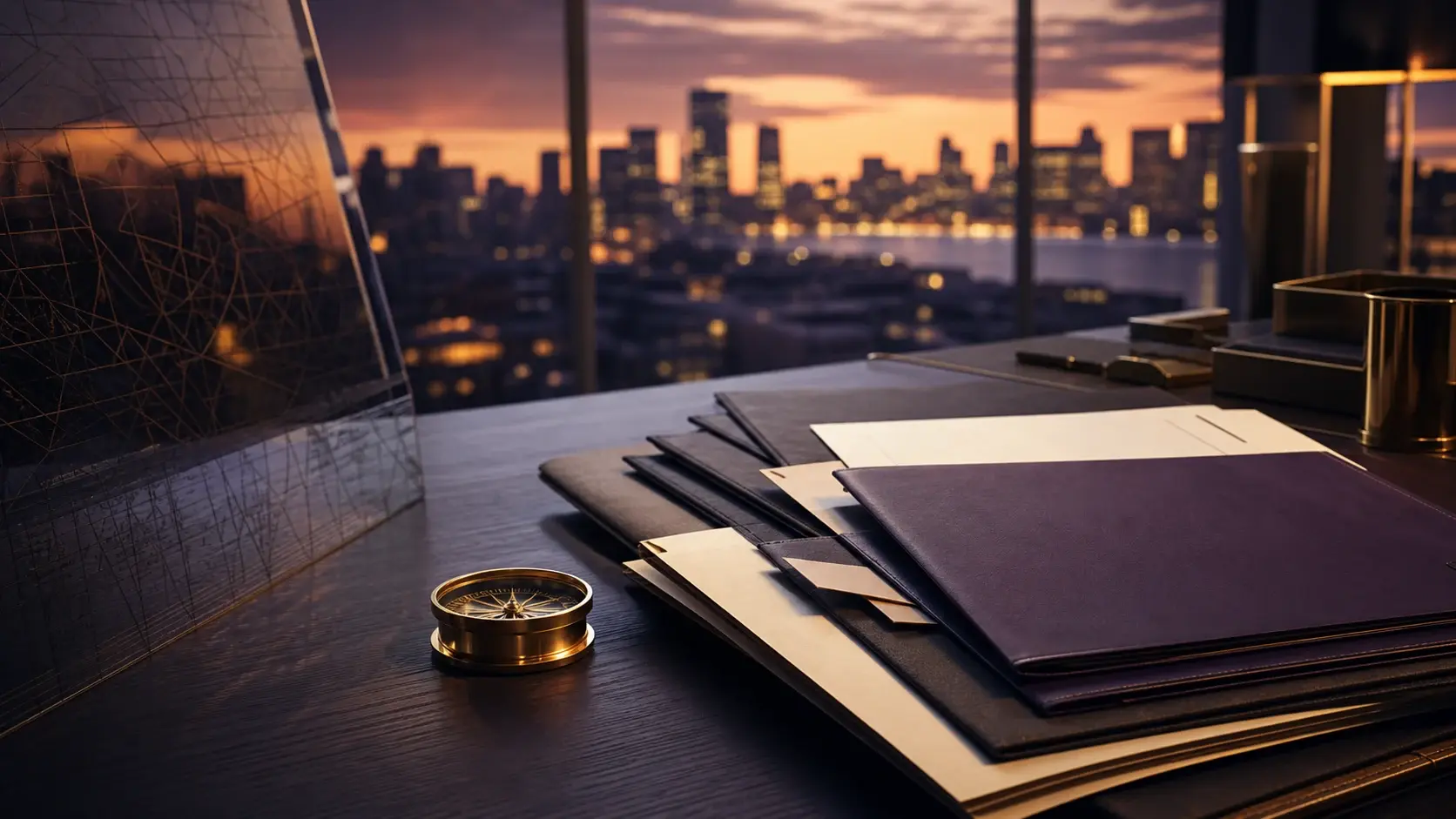 Legal files and a compass arranged on a desk overlooking the city at sunset.