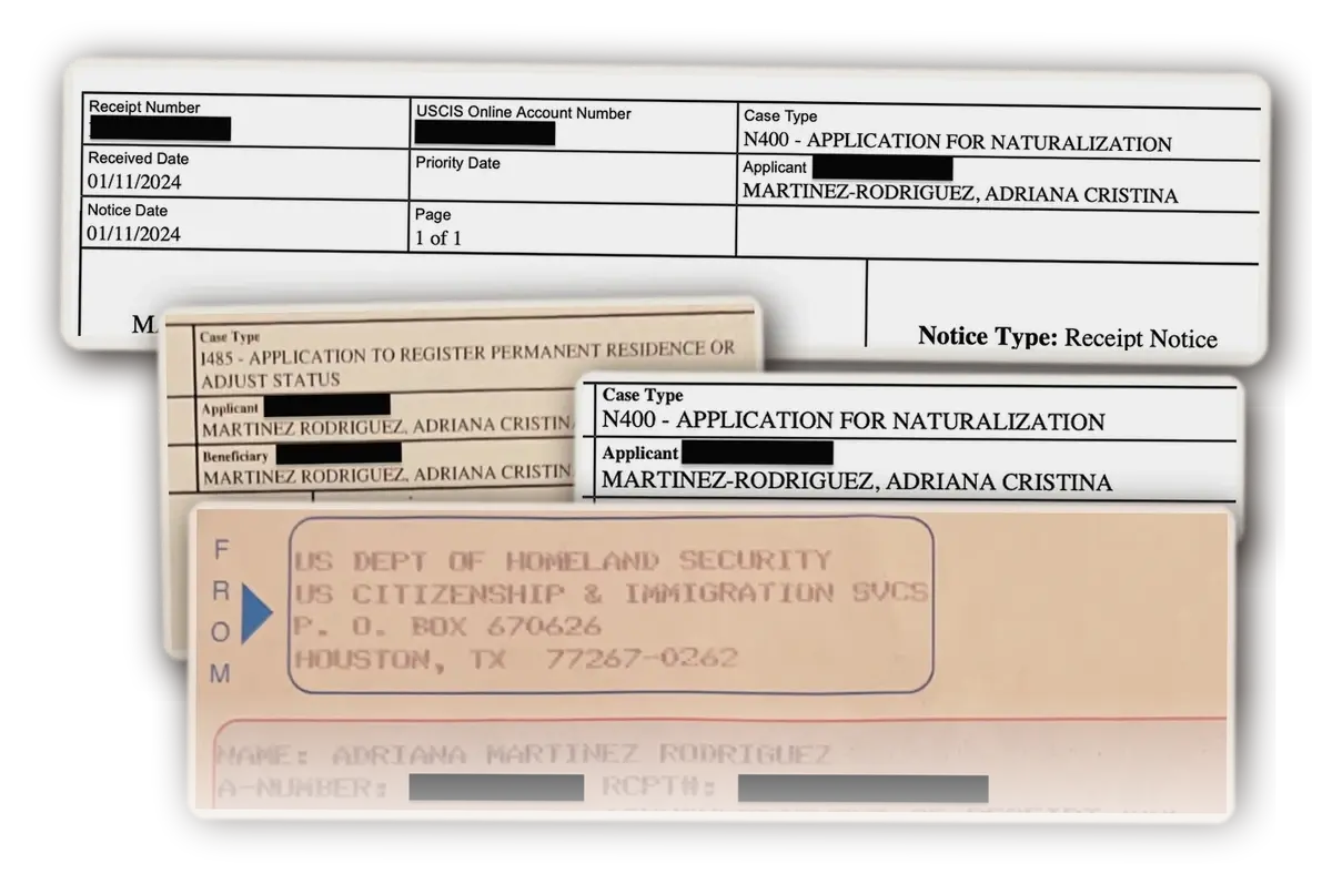 Avisos de recibo de USCIS de las propias solicitudes de la Dra. Martinez Rodriguez: N-400 de naturalización e I-485 de residencia permanente, con los números identificadores tachados.